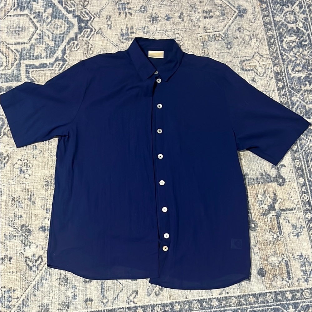 Vintage Geiger Men's Navy Blue Short Sleeve Shirt